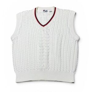 Vintage FILA Cable Knit Sweater Vest White V Neck Men's Size L 100% Cotton